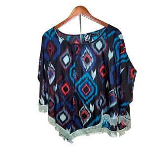 RU Apparel Poncho Top Women Large Multicolor Ikat Fringe Trim
Boho Festival